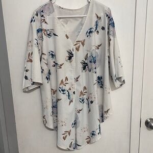 Floral V-Neck Blouse - White and Blue